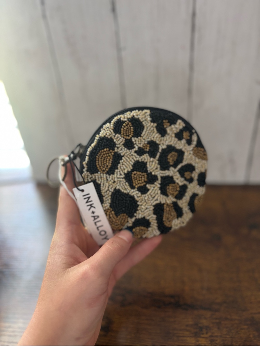 Ink + Alloy Beaded Leopard Coin Pouch Keyring - Black & Gold